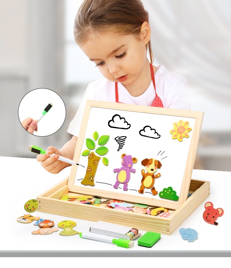 Wooden Magnetic Puzzle Toys Children 3D Puzzle Box Figure Animals Circus Writing Drawing Board Learning Education Toys For Kids